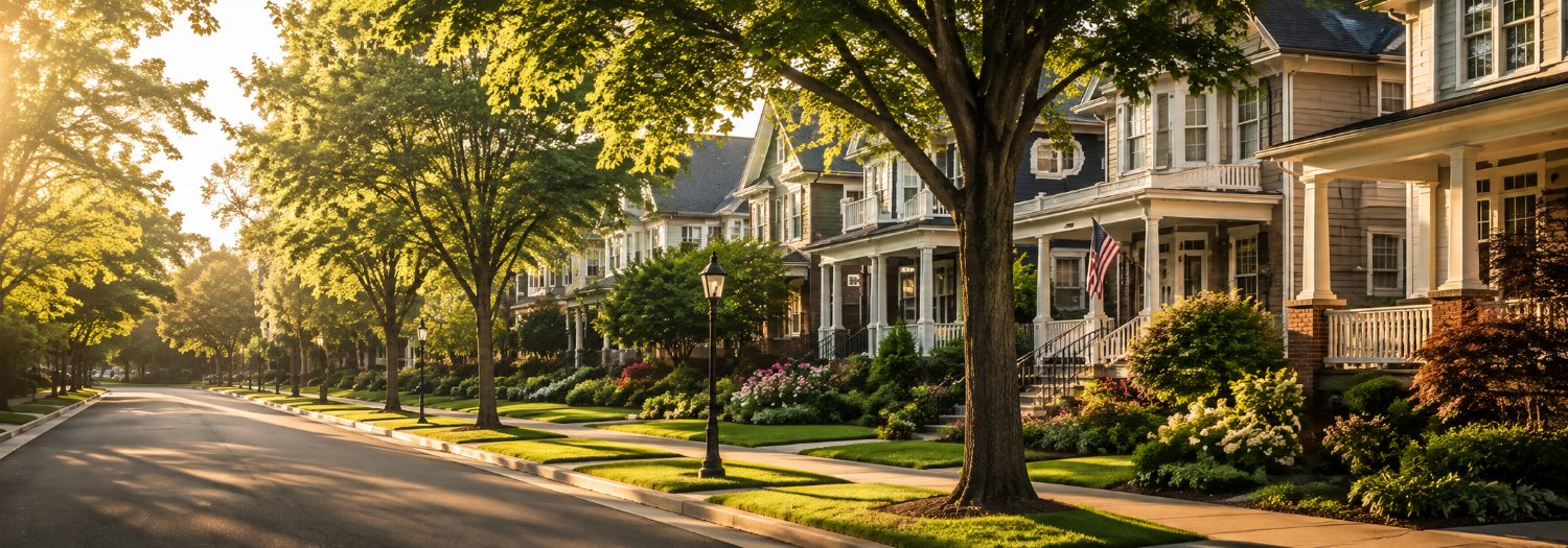 A tree-lined residential street at golden hour