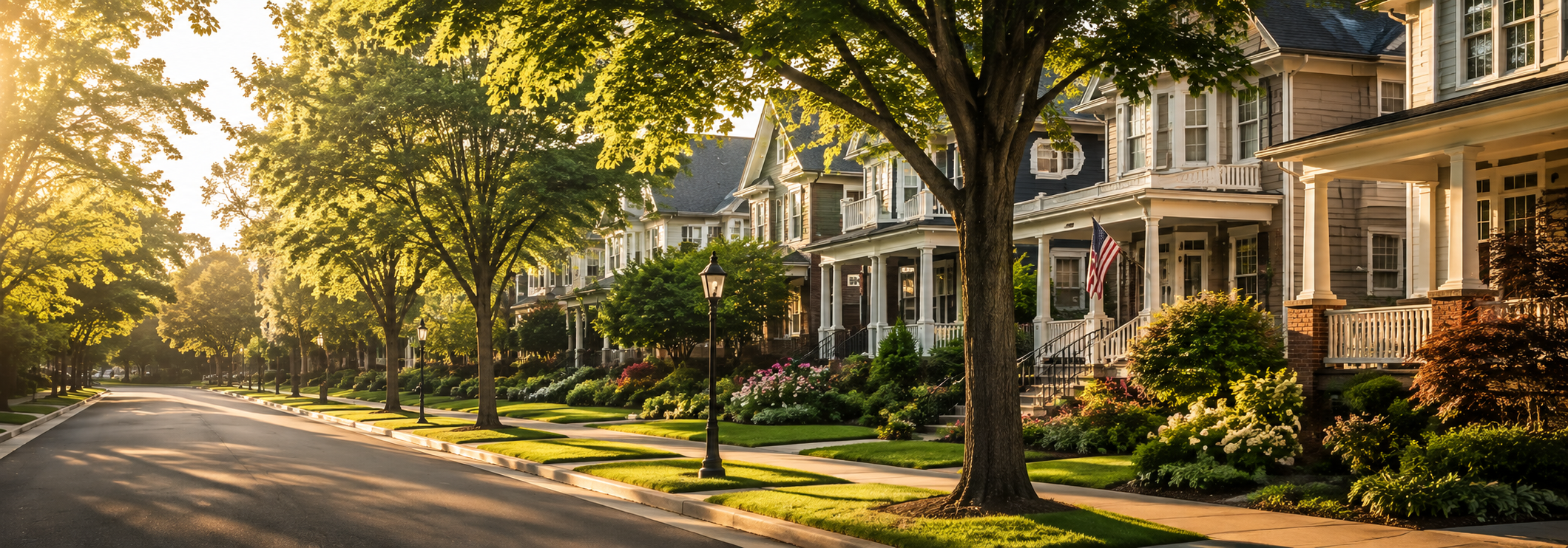 A tree-lined residential street at golden hour