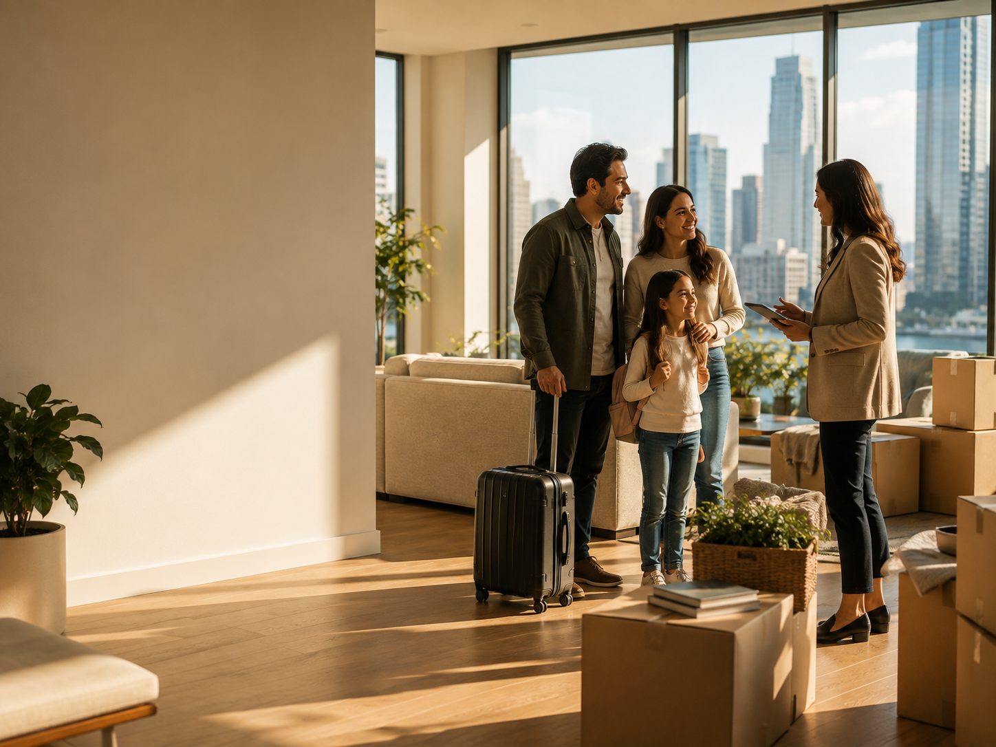 A family and their relocation consultant walking through their new neighborhood