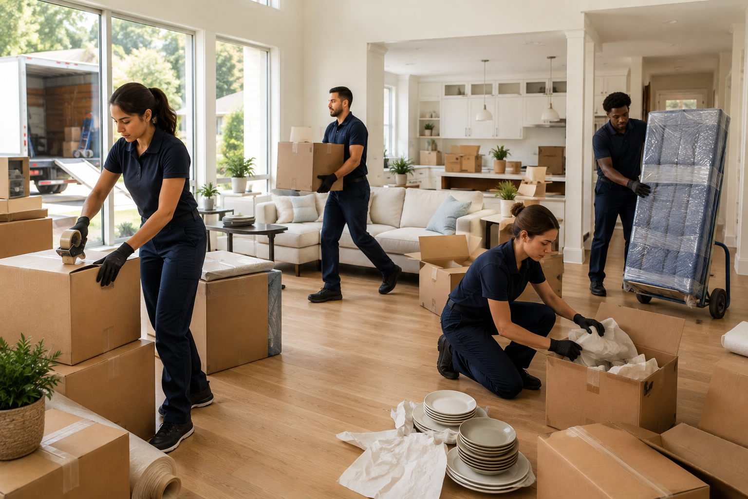 A moving crew packing and loading a household