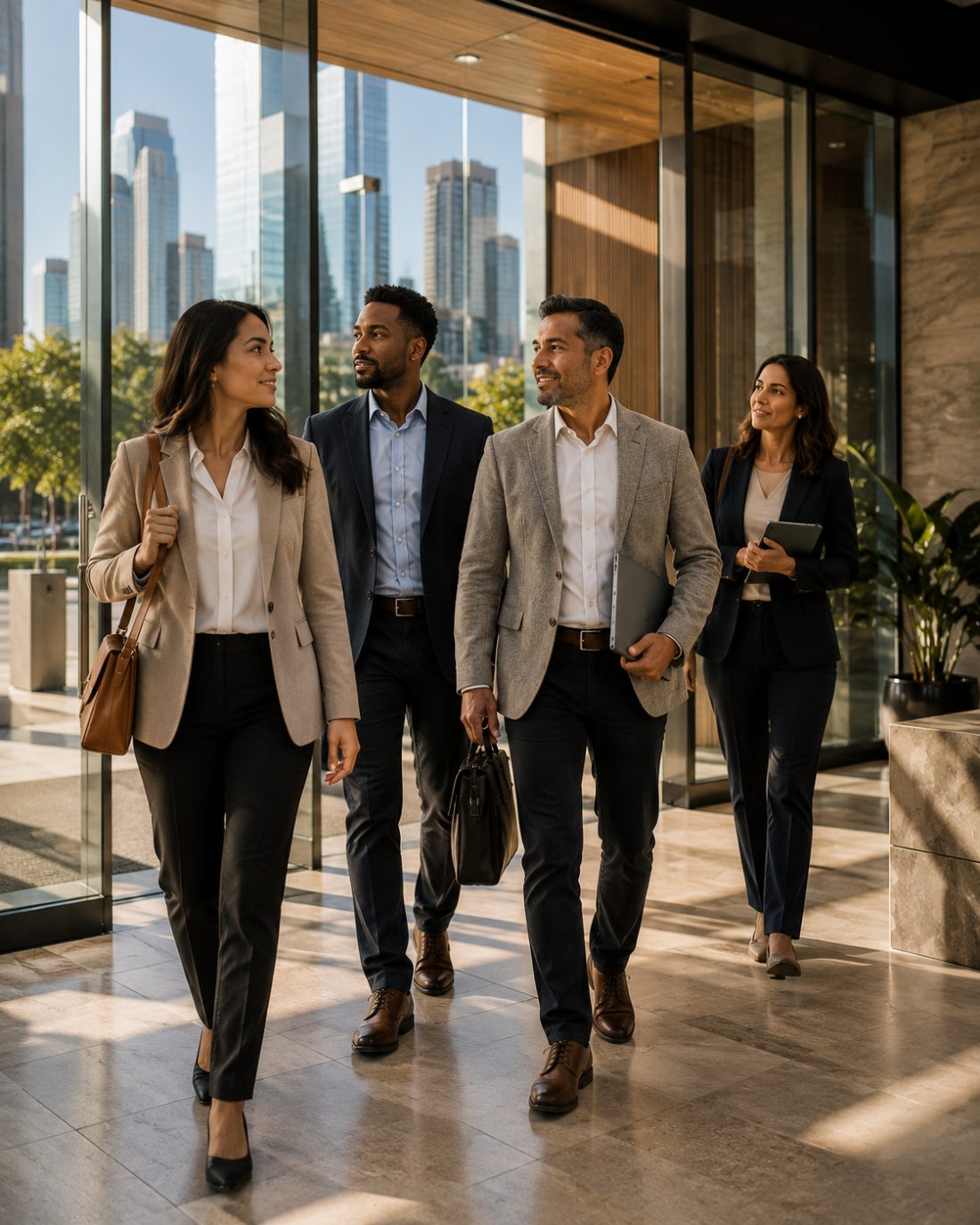 A relocated executive team arriving at their new office