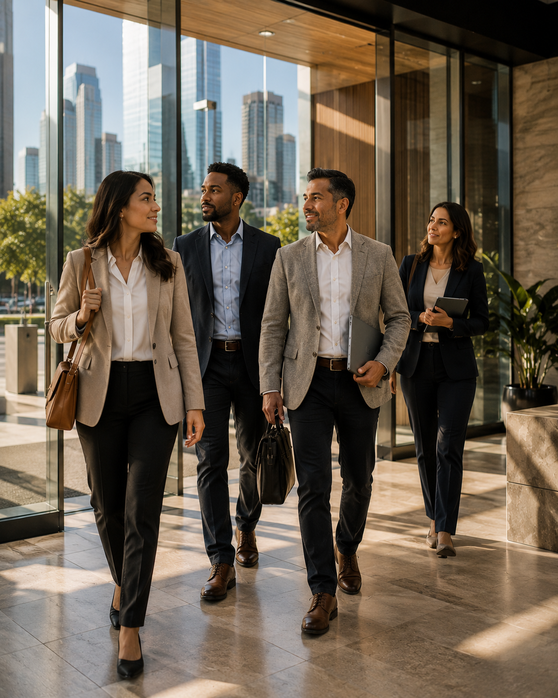 A relocated executive team arriving at their new office