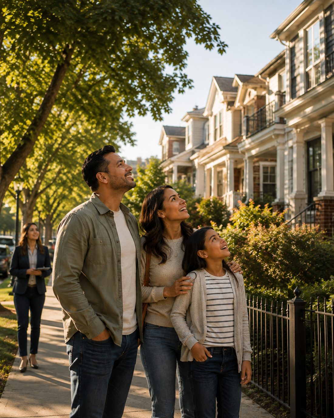 A family walking through their new neighborhood with a local agent