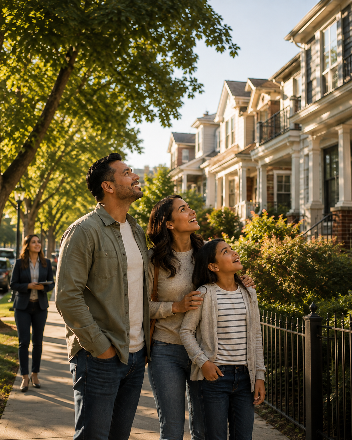 A family walking through their new neighborhood with a local agent